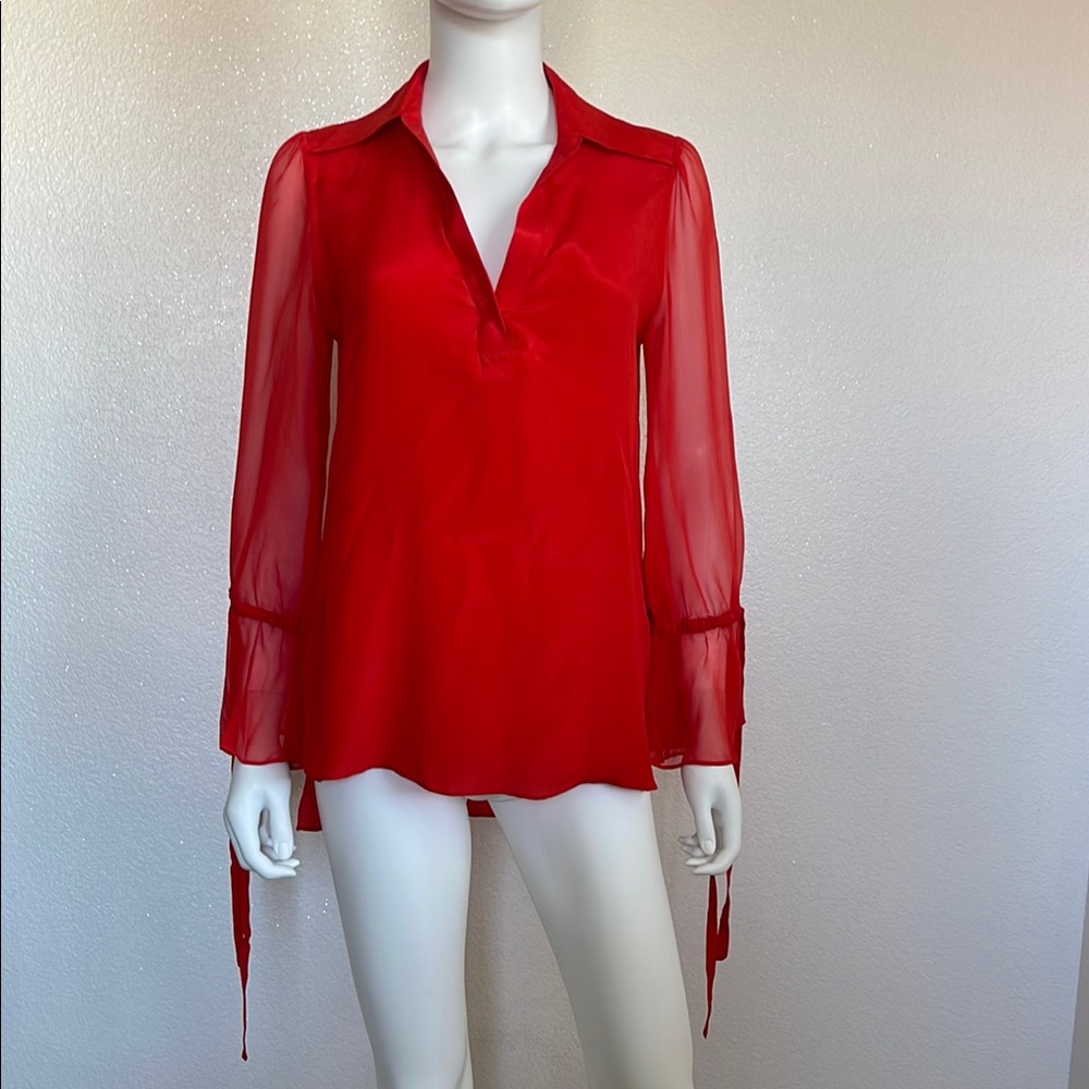 Alice + Olivia Red Sheer Long Sleeve Blouse